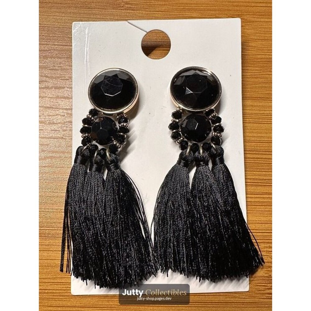 black tassel drop earrings rhinestone top boho statement nwt